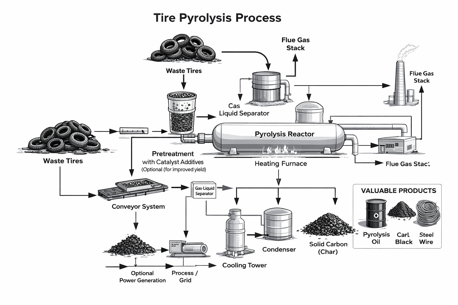 Tyre Pyrolysis Process Flow Diagram